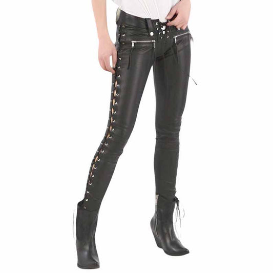 Women Black Genuine Leather Gothic Biker Pants with Lace Up Sides - 3amoto shop
