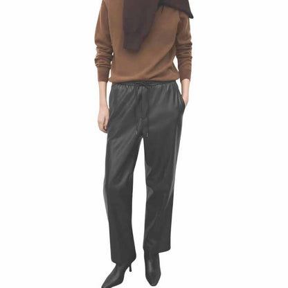 Women Black Genuine Leather Wide Leg Pants with High Waist Drawstring