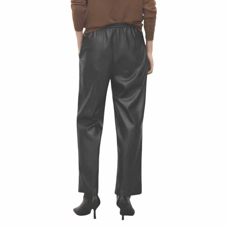 Women Black Genuine Leather Wide Leg Pants with High Waist Drawstring