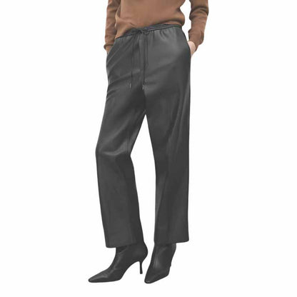 Women Black Genuine Leather Wide Leg Pants with High Waist Drawstring