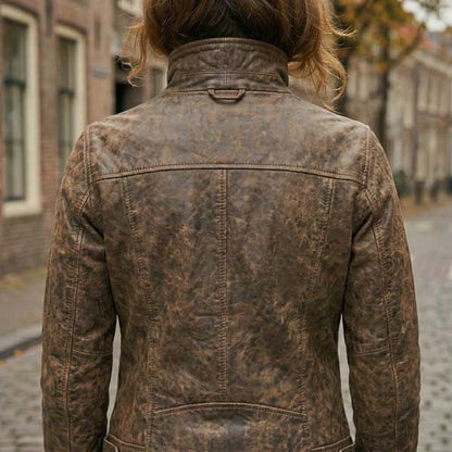 Women Distressed Brown Cafe Racer Leather Jacket
