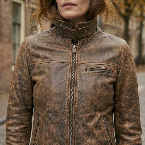 Women Distressed Brown Cafe Racer Leather Jacket