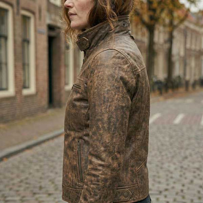 Women Distressed Brown Cafe Racer Leather Jacket