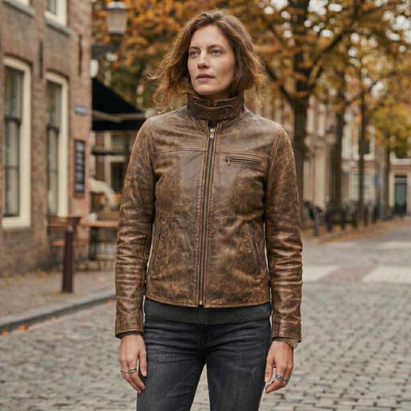 Women Distressed Brown Cafe Racer Leather Jacket