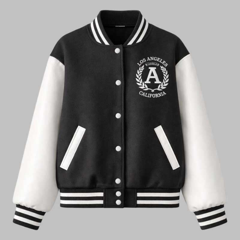 women Los Angeles letterman varsity jacket in black and white