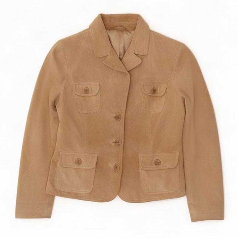 Women's vintage beige suede blazer jacket with three buttons