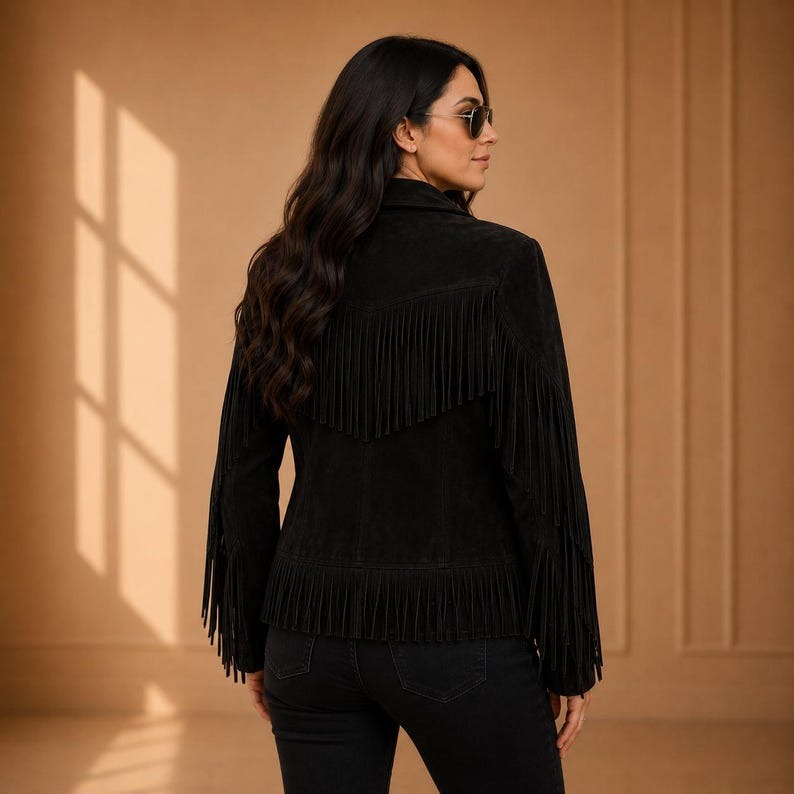 Women's cropped black suede jacket with long tassel fringe