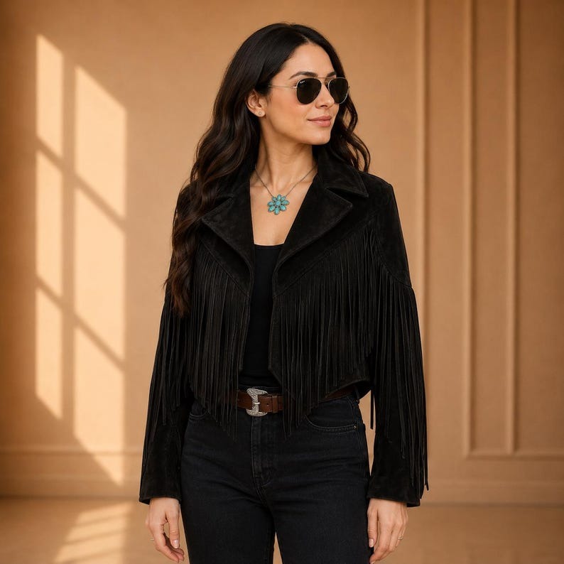 Women's black fringe suede western cowgirl jacket