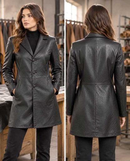 Black genuine lambskin leather blazer with classic notch lapel