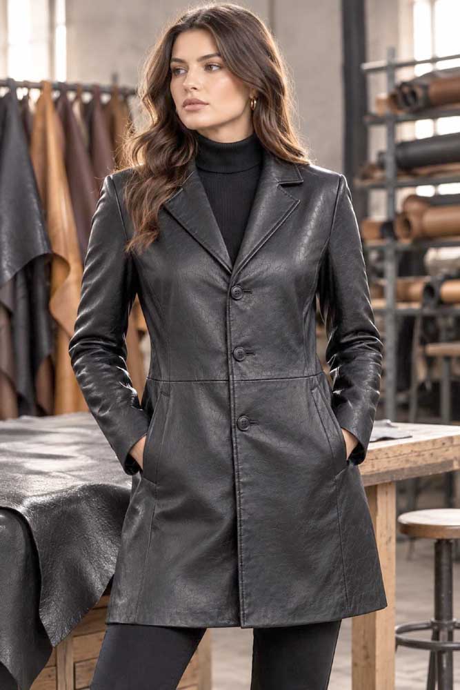 Women's black leather blazer in genuine lambskin with tailored fit