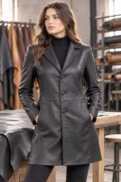 Women's black leather blazer in genuine lambskin with tailored fit