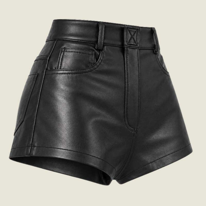 Women's tailored black leather shorts with structured waistband