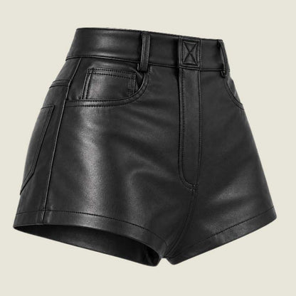 Women's tailored black leather shorts with structured waistband