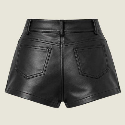 High-waisted women's genuine leather shorts with front button closure