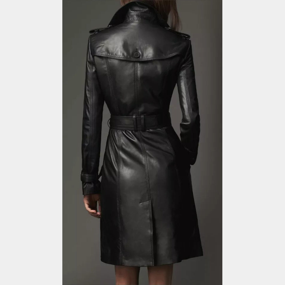 Women's Black Genuine Leather Knee-Length Trench Coat - 3amoto