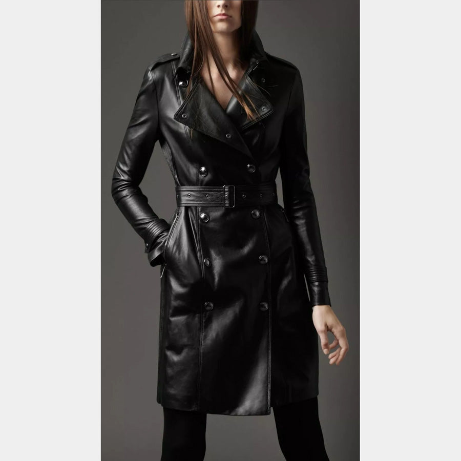 Women's Black Genuine Leather Knee-Length Trench Coat - 3amoto