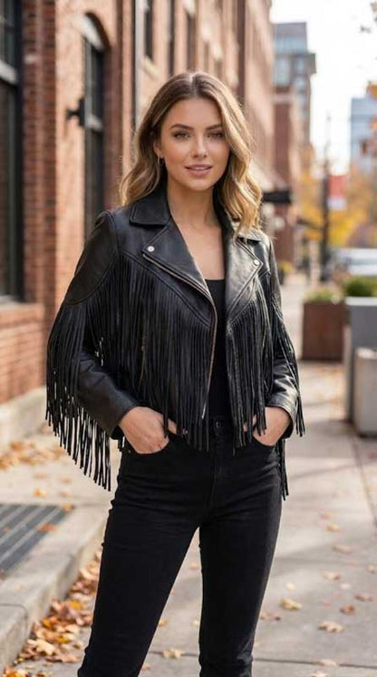 Women’s Black Sheepskin Leather Fringe Jacket Cowgirl Style