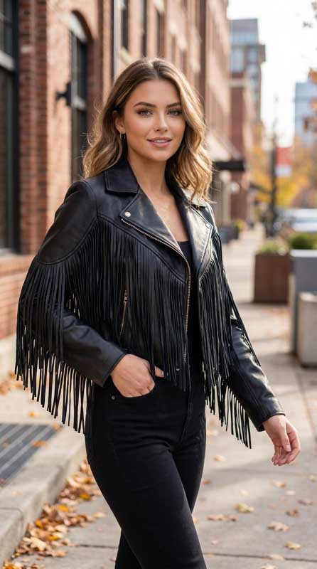 Women’s Black Sheepskin Leather Fringe Jacket Cowgirl Style