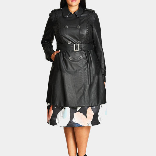 Women’s Black Leather Trench Coat - 3amoto shop