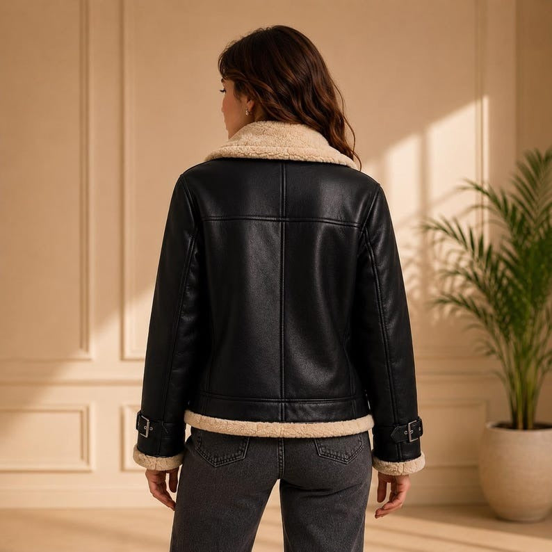 Women's black fur lined leather aviator winter jacket