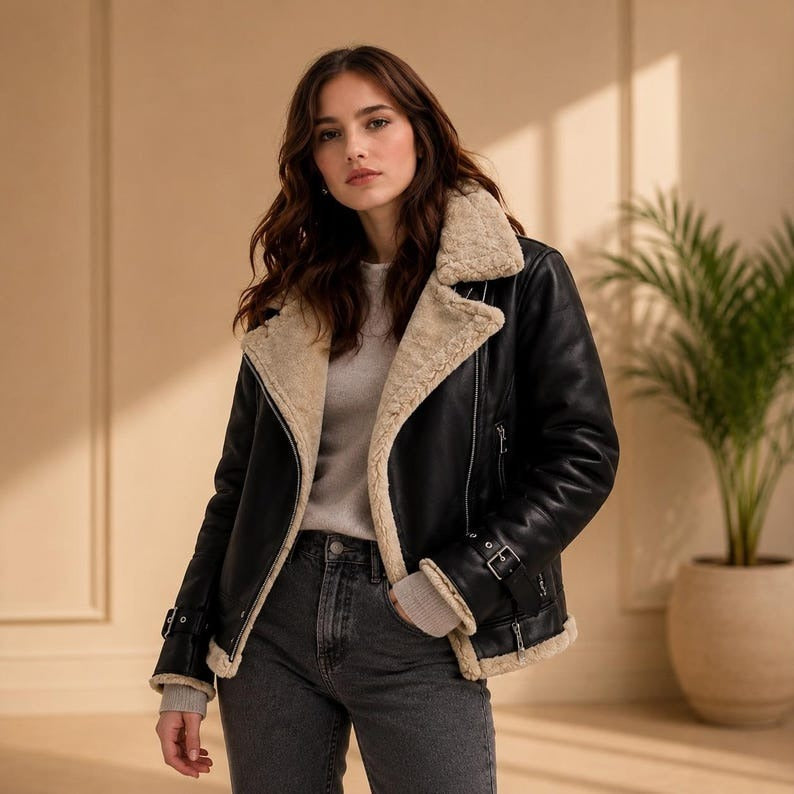 Women's black shearling leather biker jacket with fur lining