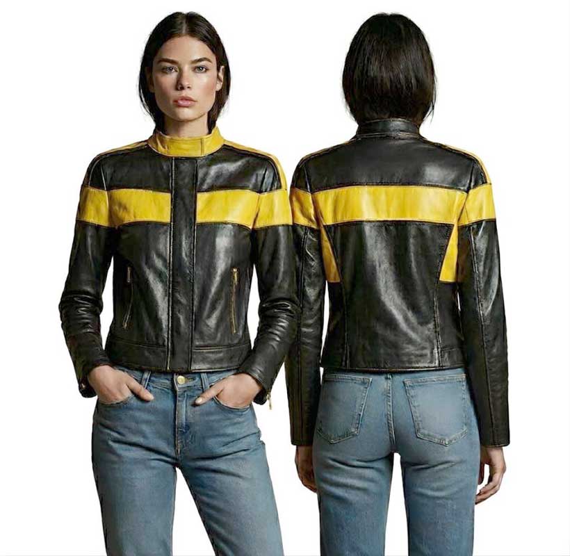 Genuine black leather biker jacket for women with yellow racing stripes