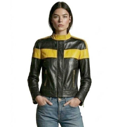 Premium retro black and yellow motorcycle leather jacket for women