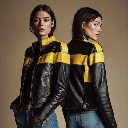 Women's black and yellow vintage motorcycle leather jacket by 3AMOTO