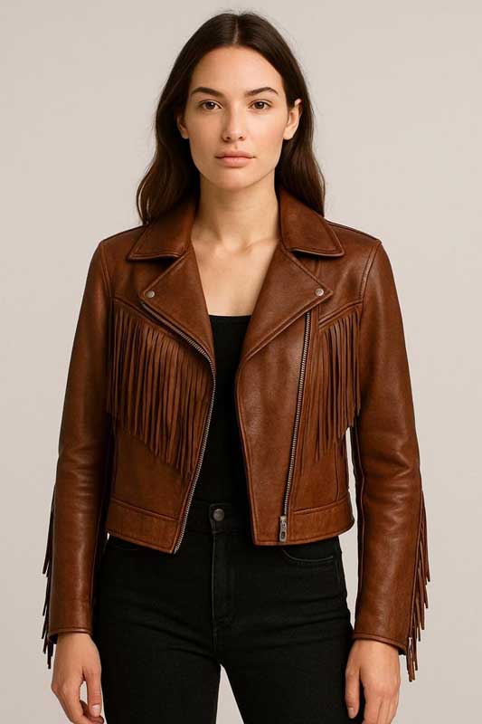 Genuine brown western cowgirl leather jacket with long fringe detailing