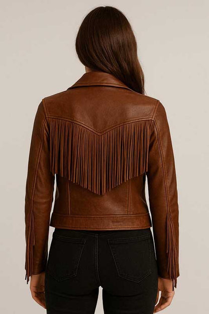 Premium women's brown boho fringe leather jacket for western style by 3AMOTO