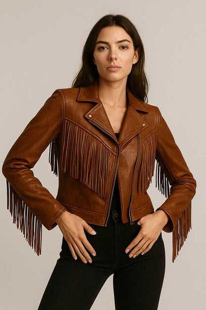 Women's brown fringe leather moto jacket by 3AMOTO