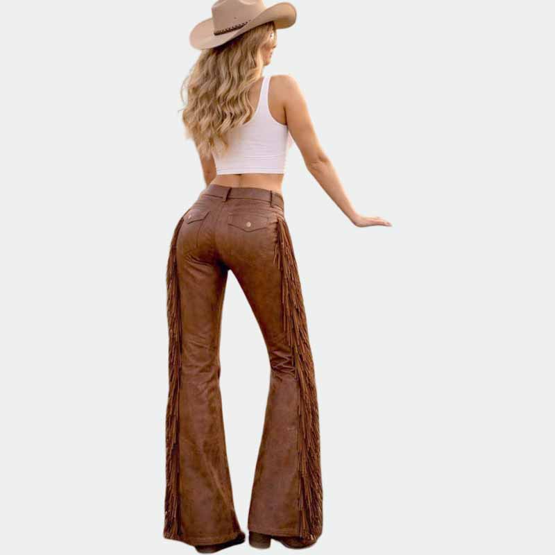 Premium brown leather pants for women with side fringe detail