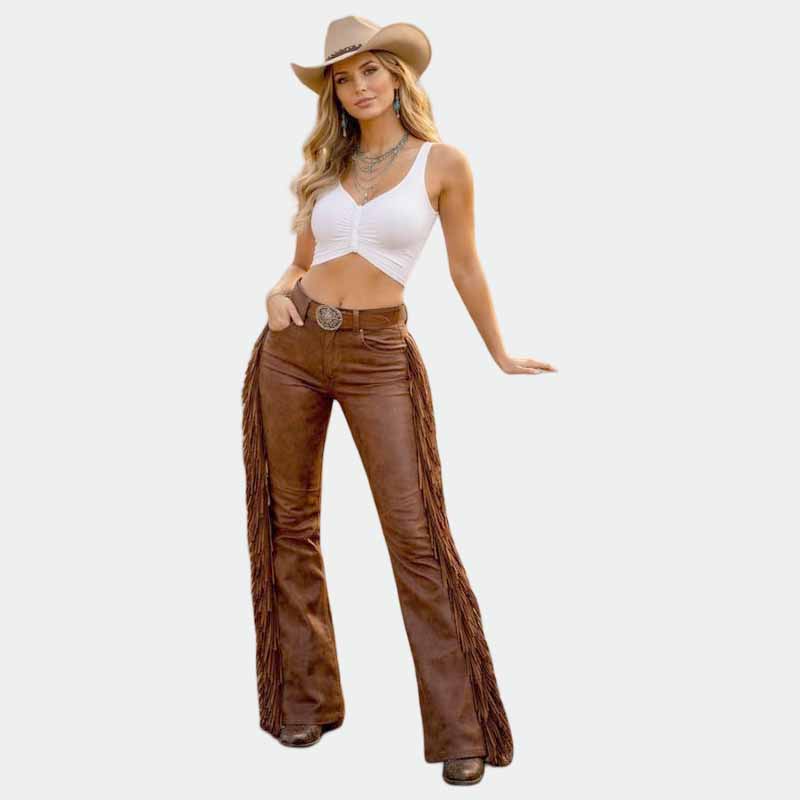 Women's brown fringe leather pants with Western flared design