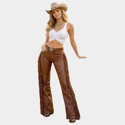 Women's brown fringe leather pants with Western flared design