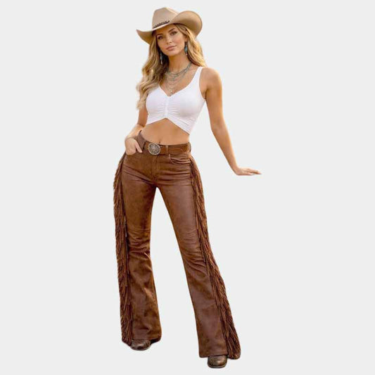 Women's brown fringe leather pants with Western flared design - 3amoto shop