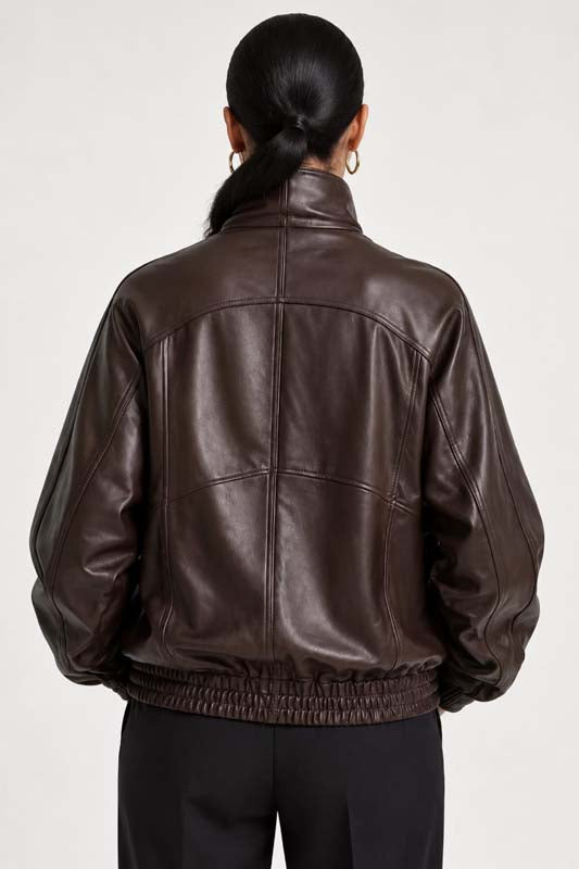 Women's chocolate brown genuine sheep leather bomber jacket