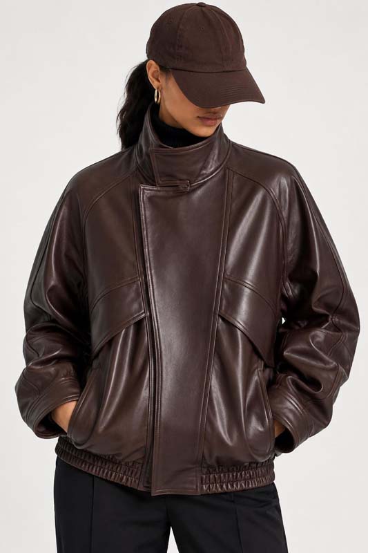 Women's brown lambskin leather bomber jacket with oversized 90s fit