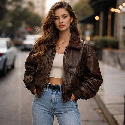 Women's brown genuine lambskin leather bomber jacket with oversized 90s fit