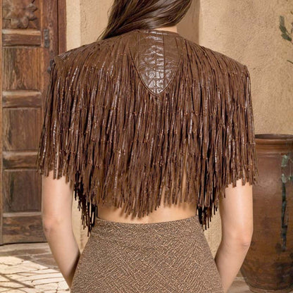 Brown Western women's waistcoat with long decorative fringe
