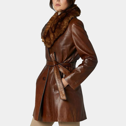 Women's Brown Leather Fur Collar Long Trench Coat - 3amoto