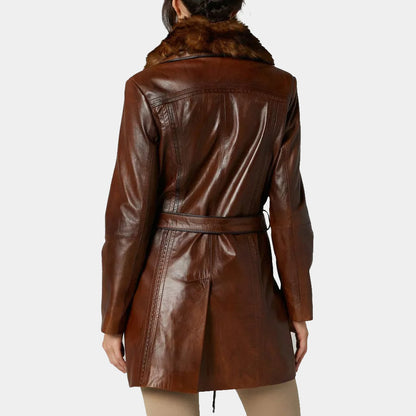 Women's Brown Leather Fur Collar Long Trench Coat - 3amoto