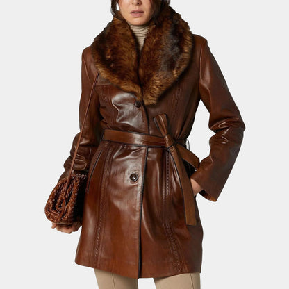 Women's Brown Leather Fur Collar Long Trench Coat - 3amoto