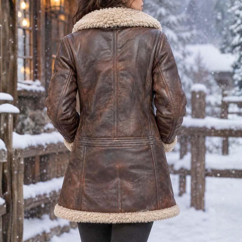 Women's vintage brown aviator winter jacket with wide shearling collar