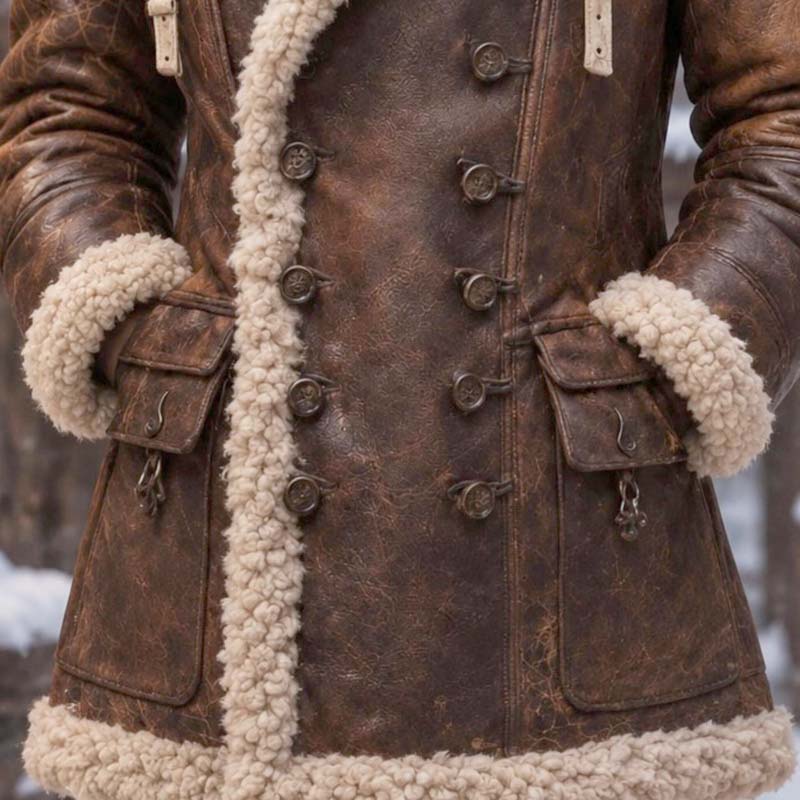 Brown leather women's winter coat with double-breasted button front