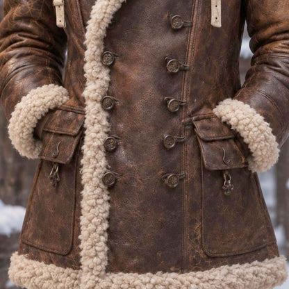 Brown leather women's winter coat with double-breasted button front