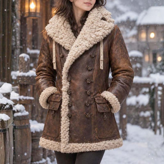 Women's brown leather shearling coat with cream trim - 3amoto shop