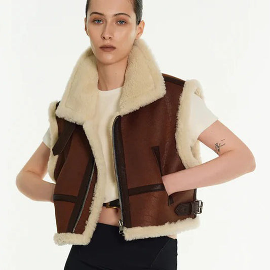 Women's Brown Shearling Aviator Leather Vest - Fashion Leather Jackets USA - 3AMOTO