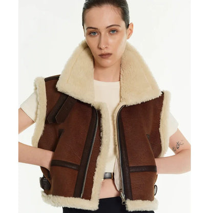 Women's Brown Shearling Aviator Leather Vest