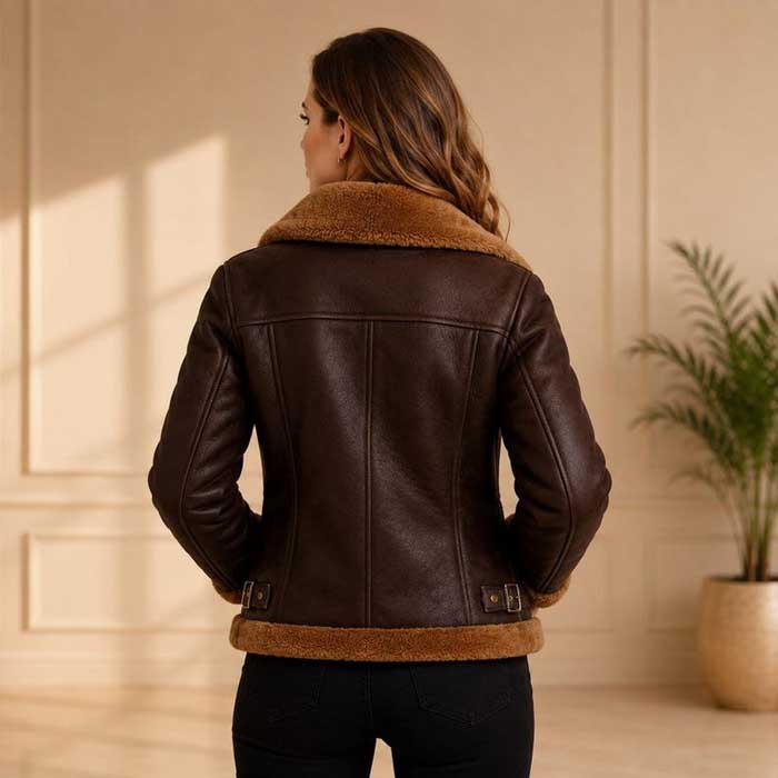 Brown women's fur lined leather aviator biker jacket