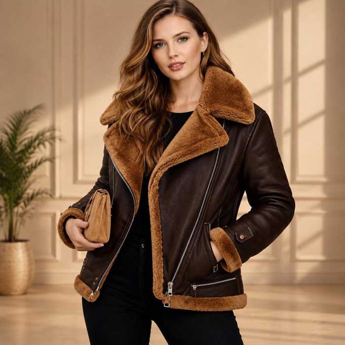 Women's brown shearling leather jacket with soft fur lining
